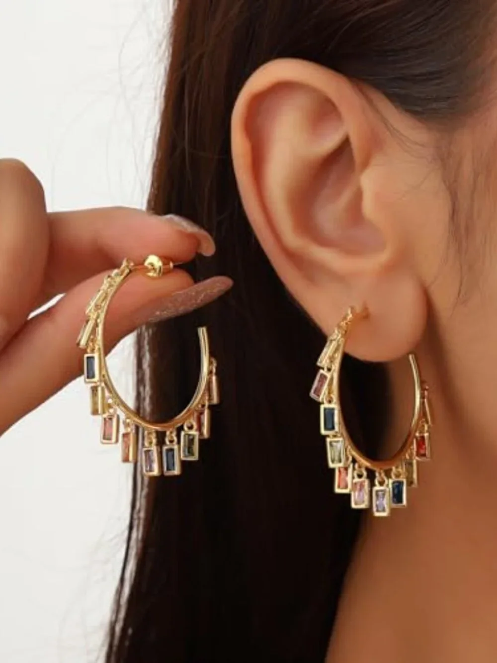 Colored Zircon Geometric Drip tassel Stud Earrings 18K Gold Plated Round Hoop